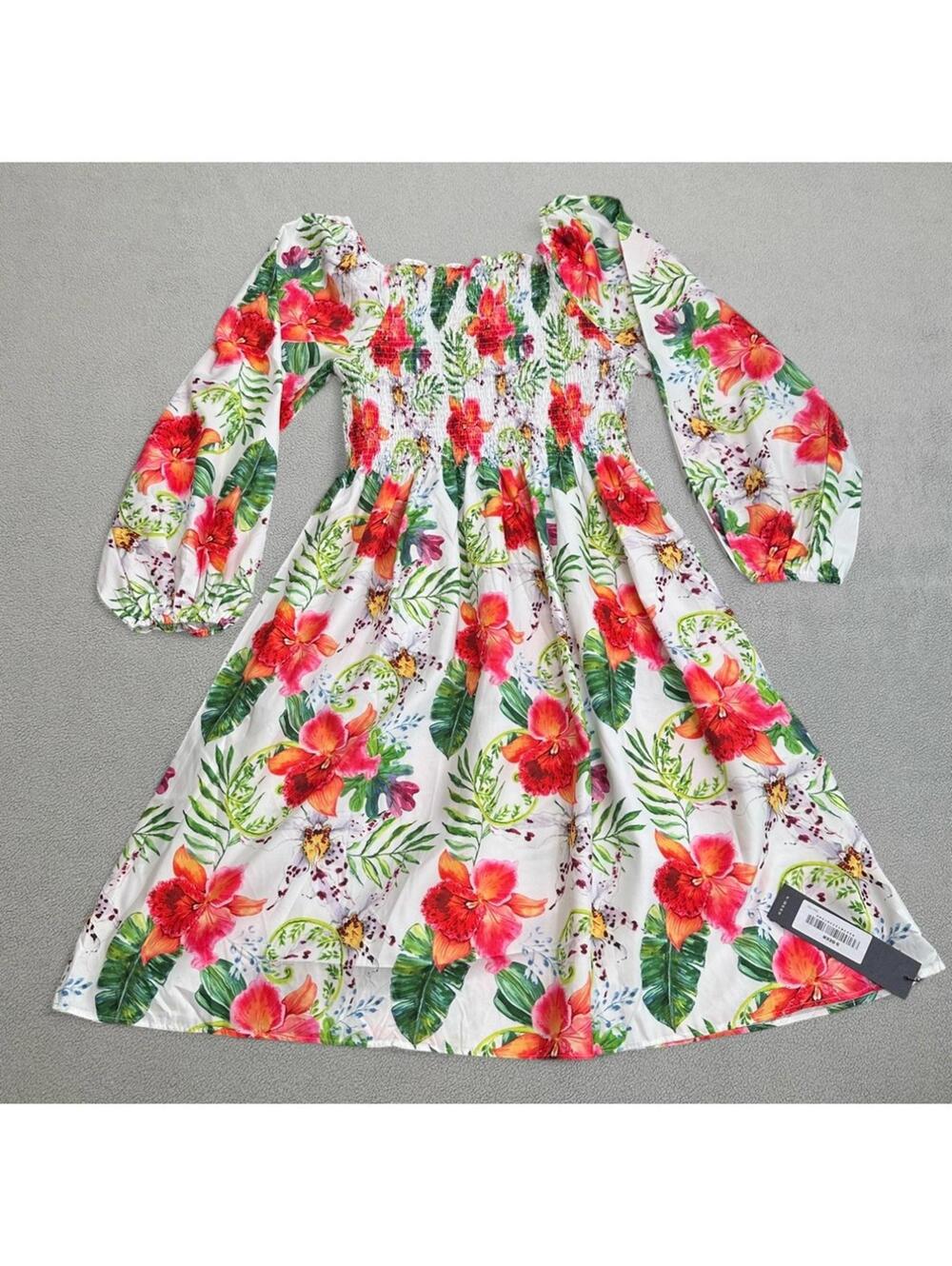 Nwt S.DEER Dress Floral Print Womens XXL Long Sleeve Smocked A Line Summer Midi